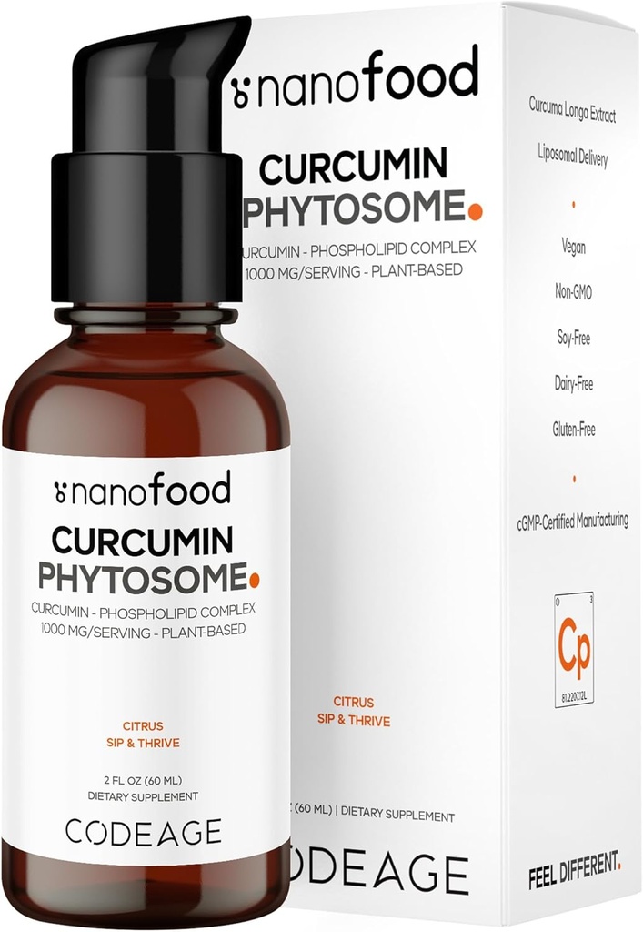 Codeage Liposomal Curcumin Phytosome Liquid Supplement, Turmeric Curcumin Vegan Liquid Drops, Plant- based Curcuma Longa Dropper, Curcumina, Slunečnicový fosfolipid, Sugar- Free, Citrus Flavor, 2 fl oz