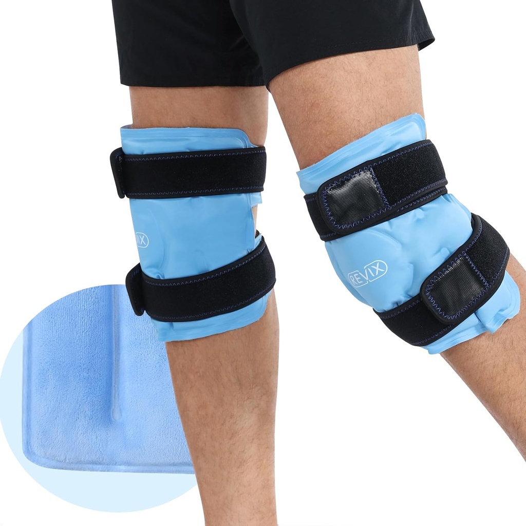 REVIX ledové obaly pro Knee Discomfort, Gel ledové balíčky opakovaně použitelné s studeným kompresí, Knee studené balení k relaxaci SORE svaly a spojky, Plush Cover a Hands- Free aplikace, Sada dvou