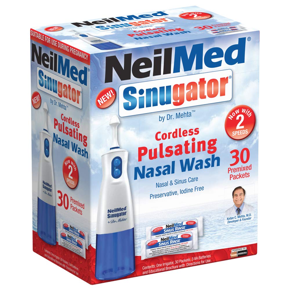 NeilMed Sinugator Bezšňůrový Pulsating Nasal Wash Kit s jedním zavlažovačem, 30 Premixed Packets a 3 AA baterie (balení po 1)