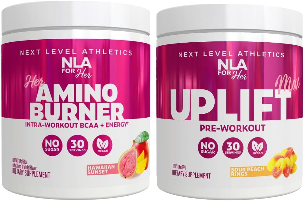 NLA pro její Pre / Intra Workout Stack (zahrnuje její termogenní Amino Hawaiian Sunset a Uplift Max Pre Workout Sour Peach Rings)