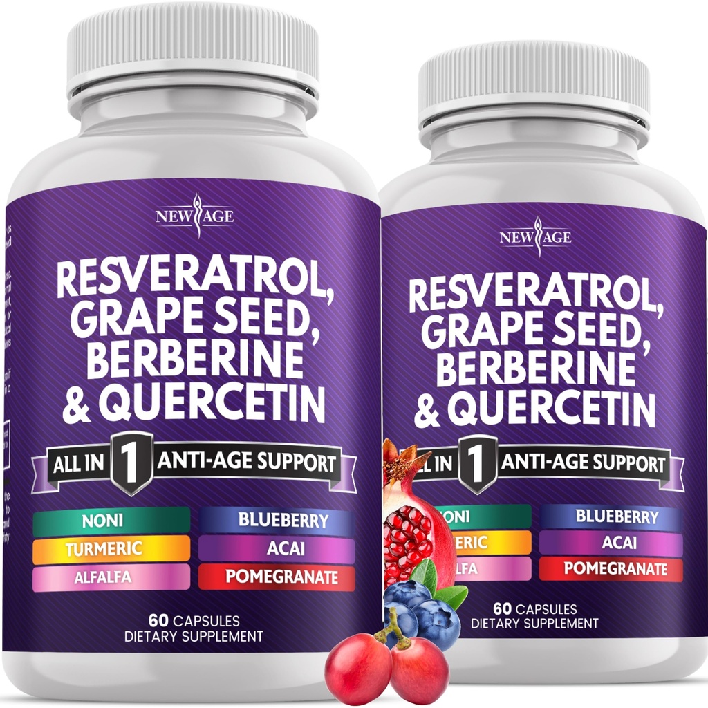 NEW AGE Resveratrol, Berberine, Grape Seed Extract, Quercetin, Polyfenol dodatek pro ženy a muže s Noni Extract, N-Acetyl Cysteine, Acai Extract - 120 Kapsle