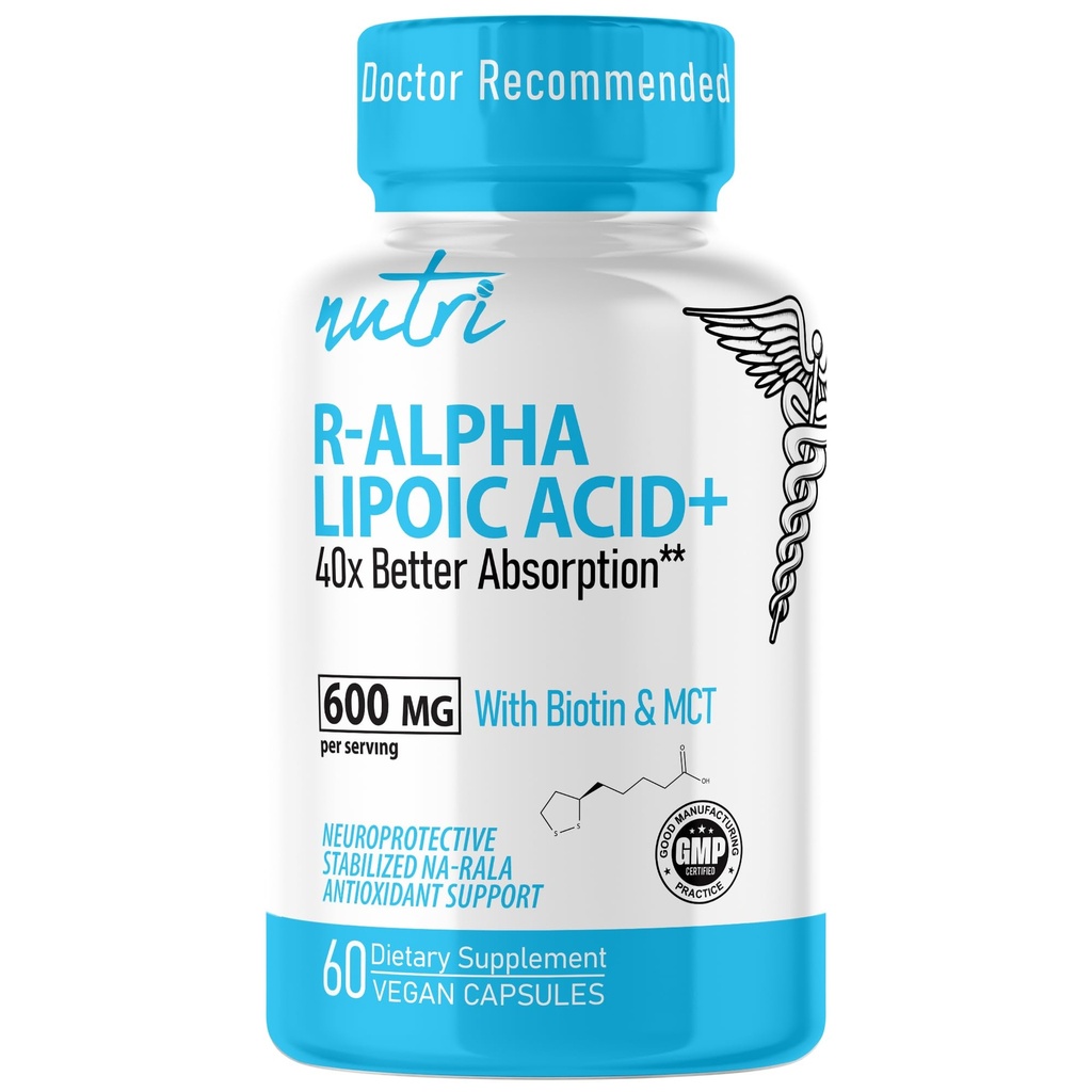 Nutri R Alpha kyselina lipoová 600mg Kapsle - R Kyselina lipoová stabilizovaná biotinovým přípravkem - Aktivní forma R- ALA - 600 mg klinické dávkování - Výkonná buněčná energetická podpora - 60 Veganových kapslí - RALA