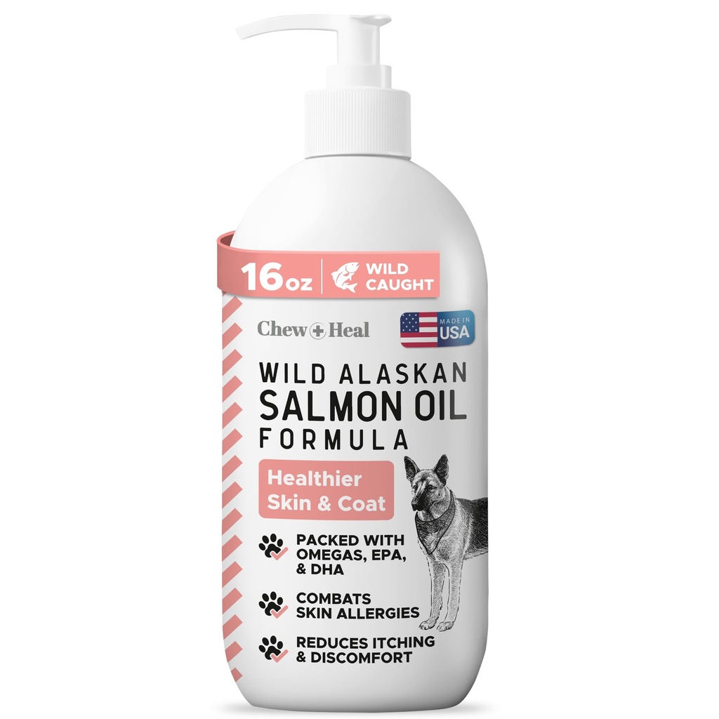 Divoký aljašský losos Fish Oil pro psy - 16 Oz. Fish Oil Formule - Láhev s čerpadlem - Obsahuje Omega-3 a 6, Vitamin D, EPA a DHA pro zdravou pleť a kabát