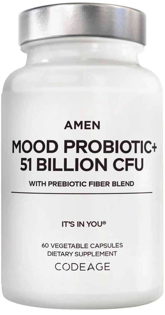 Amen Mood Probiotic Dodatek 51 Billion CFU - Organic Prebiotics and Probiotics - Acidophilus Probiotic Pills, Vlákna - Mood Organic Ashwagandha, Borůvky - Vegan & Non- GMO - 60 Kapsle
