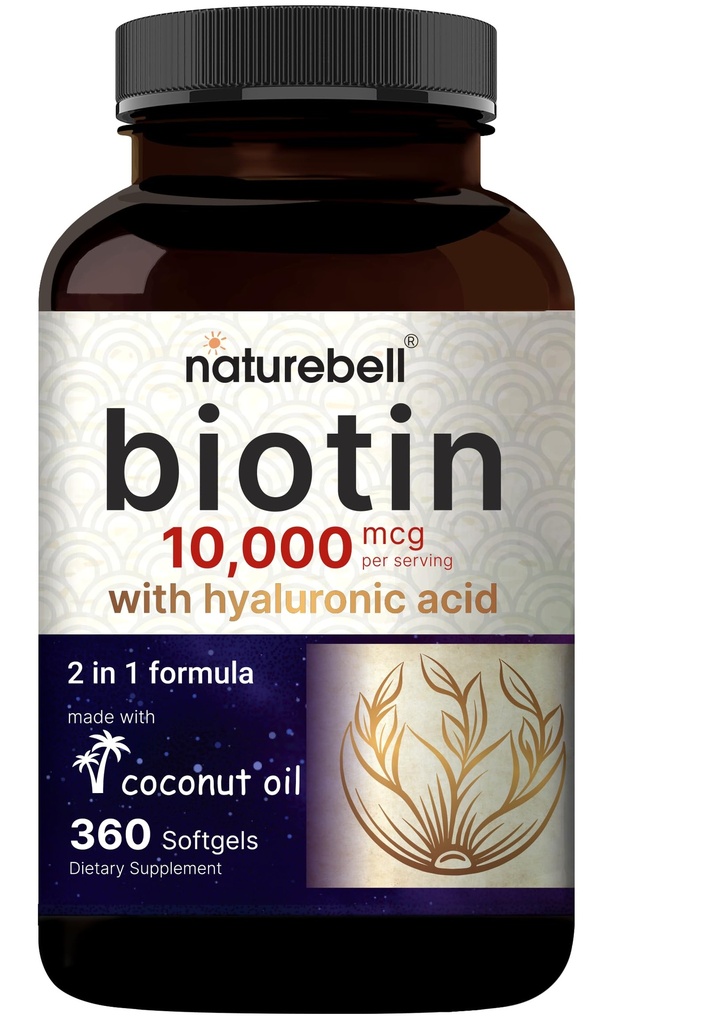 NatureBell Biotin 10000mcg + Hyaluronic Acid 25mg CLAS124; 360 Coconut Oil Softgels, Premium Biotin dodatek pro vlasovou pleť a nehty *