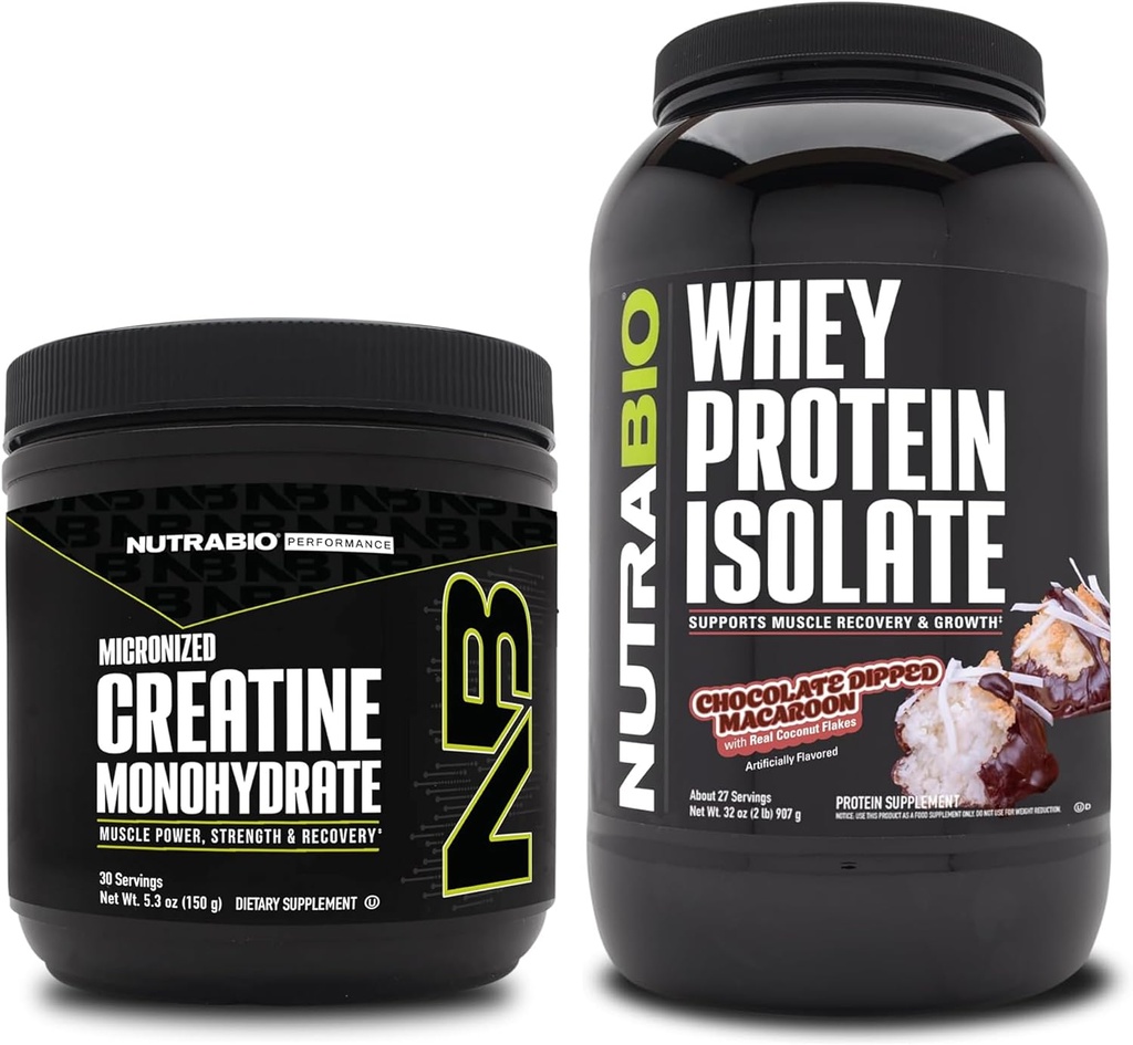 NutraBio Creatine Monohydrát, Neochucený, 150g a syrovátka izolát, Čokoláda Ponořená Macaroon, Doplněk Bundle - Svalová energie, Lean růst svalů, zotavení, a síla