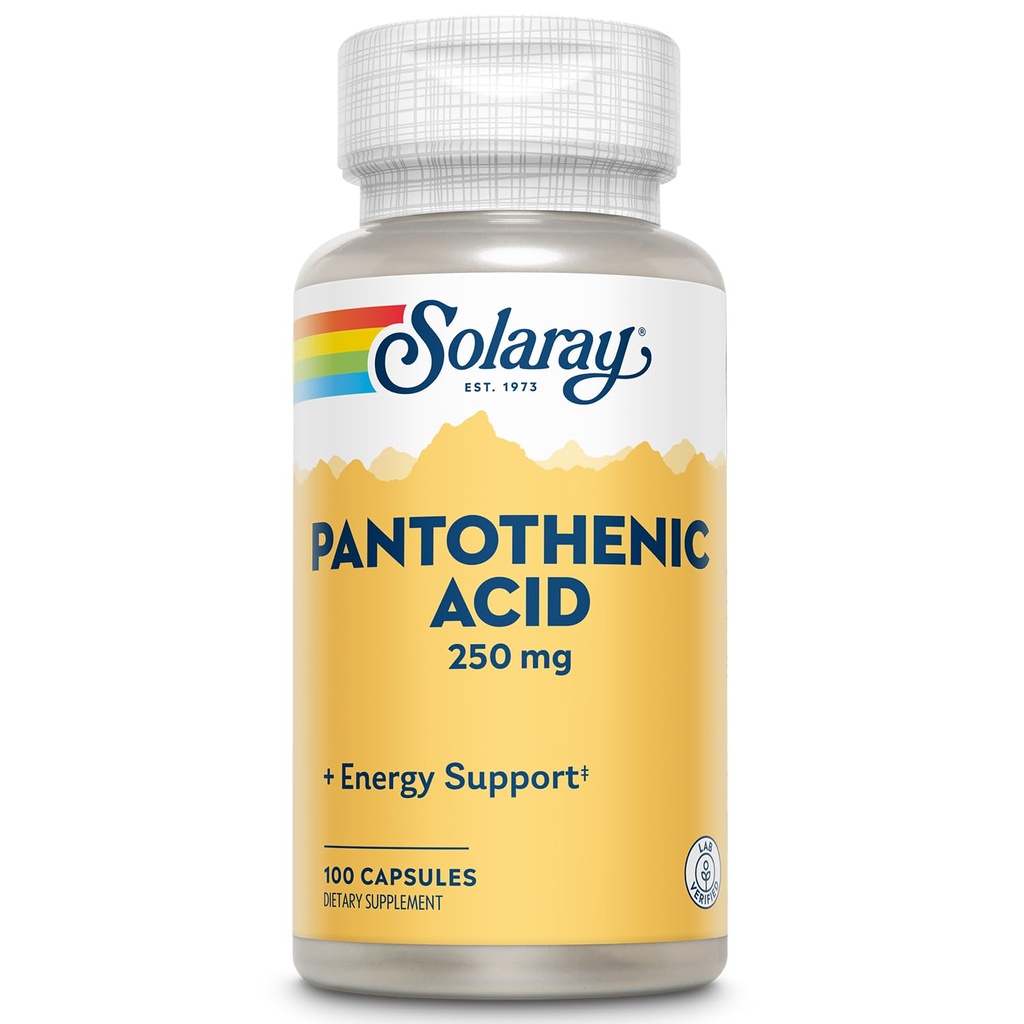 SOLARAY Pantotenová kyselina 250mg vitaminu 124mg; Vitamin B5 PHARMAD124; Energetický metabolismus, vlasy, kůže, nehty a potravní podpora PHARD124; 100CT