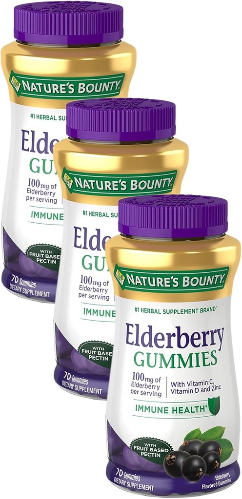 Přírodní Bounty Elderberry Gummies, Dietní dodatek, Podporuje imunitní zdraví, Obsahuje vitamín A, C, D, E a zinek, 100 mg, 70 Gummies (balení po 3)