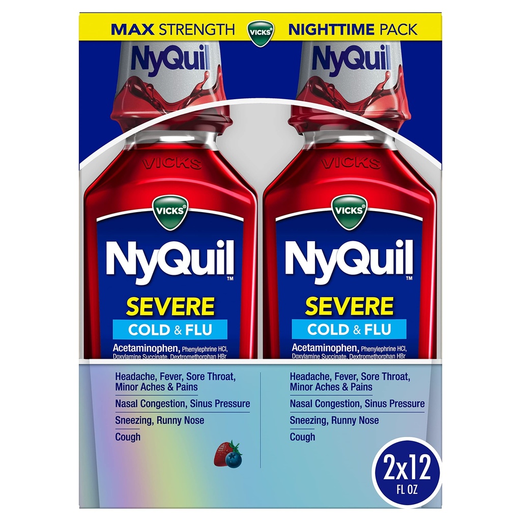 Vicks NyQuil SEVER Cold, Flu, and Congestion Medicine, 2x12 fl oz Twin Pack, Berry Flavor, Maximální síla, Nighttime Relief