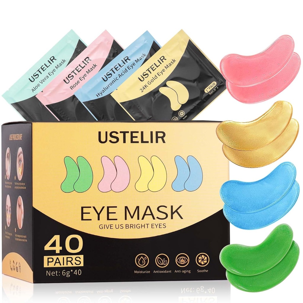 Pod Oční Záplaty, 40 páry Oční maska pro tmavé kruhy, Puffy Eyes, Undereye sáčky, vrásky, Oční maska Záplaty s 24K Gold, Hyaluronic Acid, Rose & Aloe Vera, Oční léčba péče o pleť pro muže a ženy dárek
