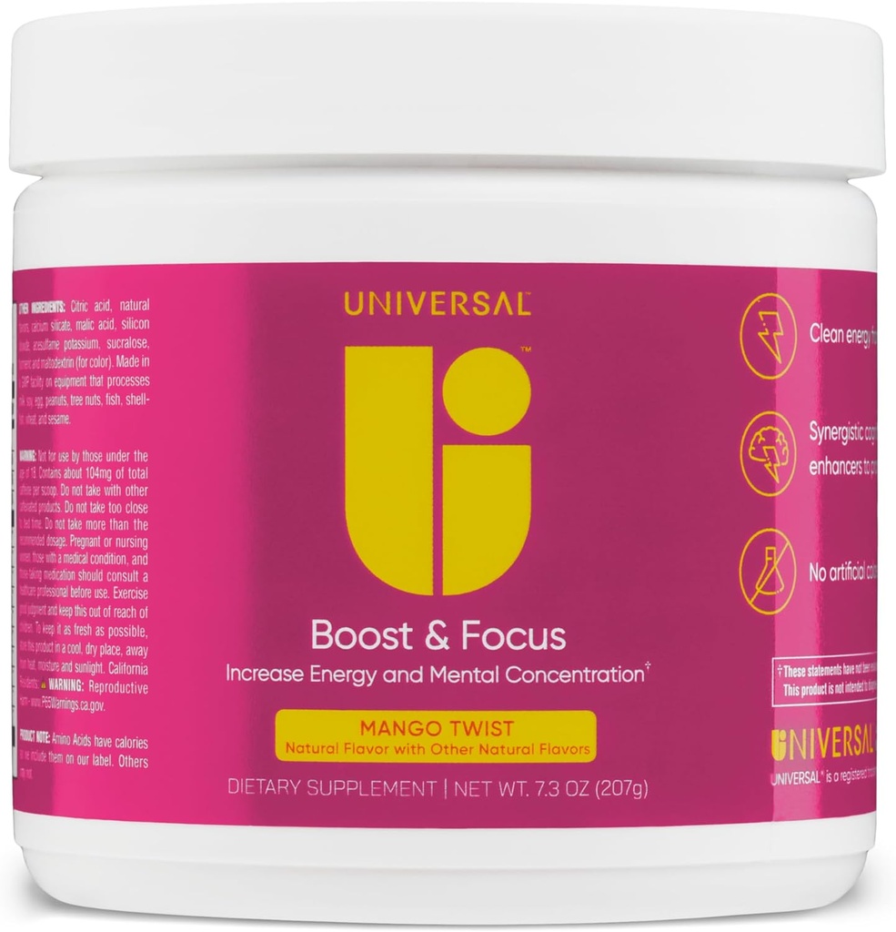 Univerzální U Boost & Focus Powder, Zvýšení energie a kognitivní výkon, Pre Workout, Vlastní dávkování, VIT B12, Niacin, Cholin, L-Tyrosin, No umělé Flavors, 30 Služeb (Mango Twist)