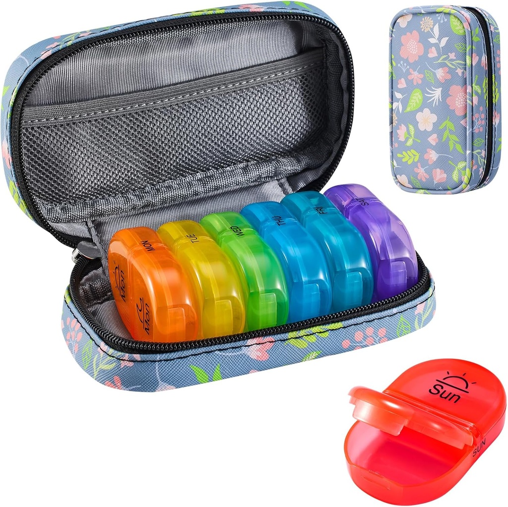 Serfeymi Týdenní Travel Pill Organizátor 2 Times A Day PM Upgraded Rainbow Pill Box 7 Day with Portable Zipper PU Leather Pill Case, Lékařský Organizátor pro pilulky, Vitamíny, Rybí oleje - Květinové 02