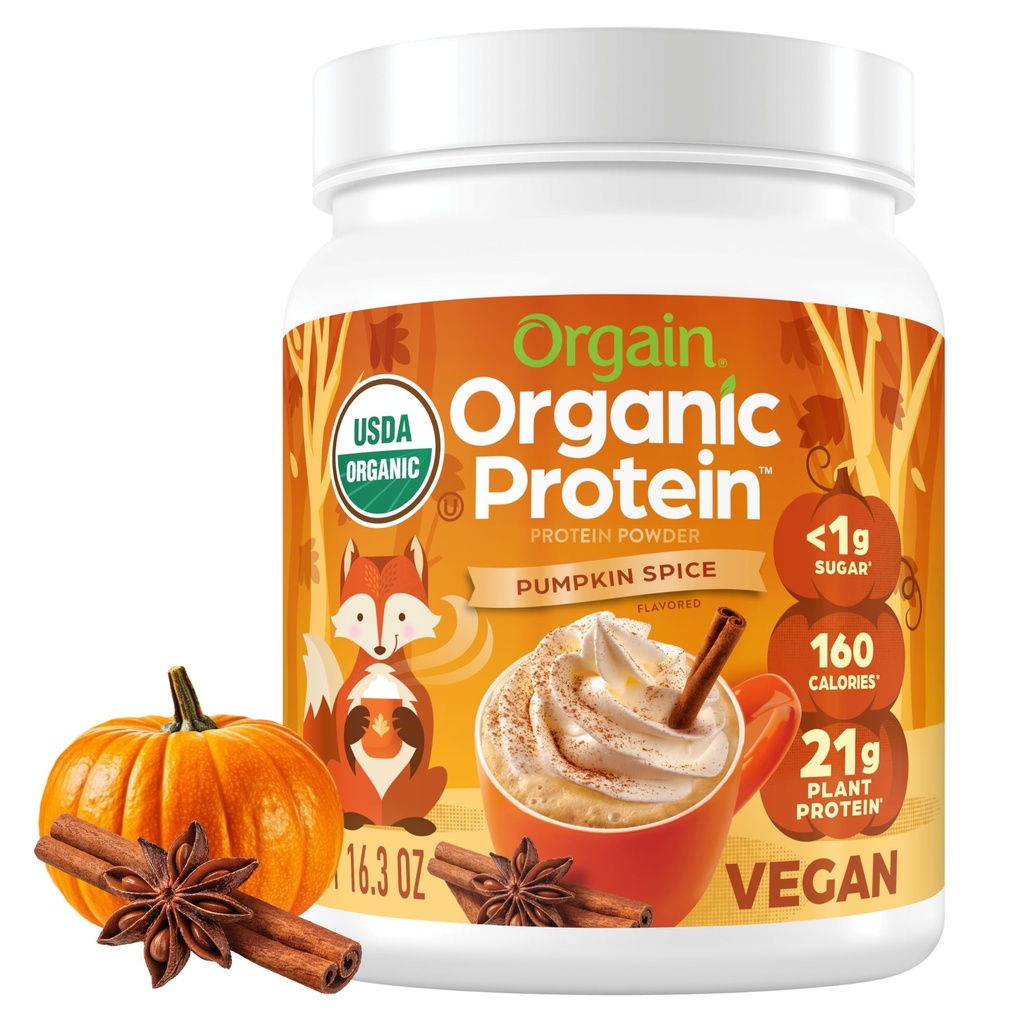 Orgain Organic Vegan Protein Powder, Dýně Spice Sezónní Flavor - 21g rostlinného proteinu, 5g Prebiotic Fiber, No Lactosa Ingredients, No Added Sugar, Non- GMO, For Shakes & Smoothies, 1.02 liber