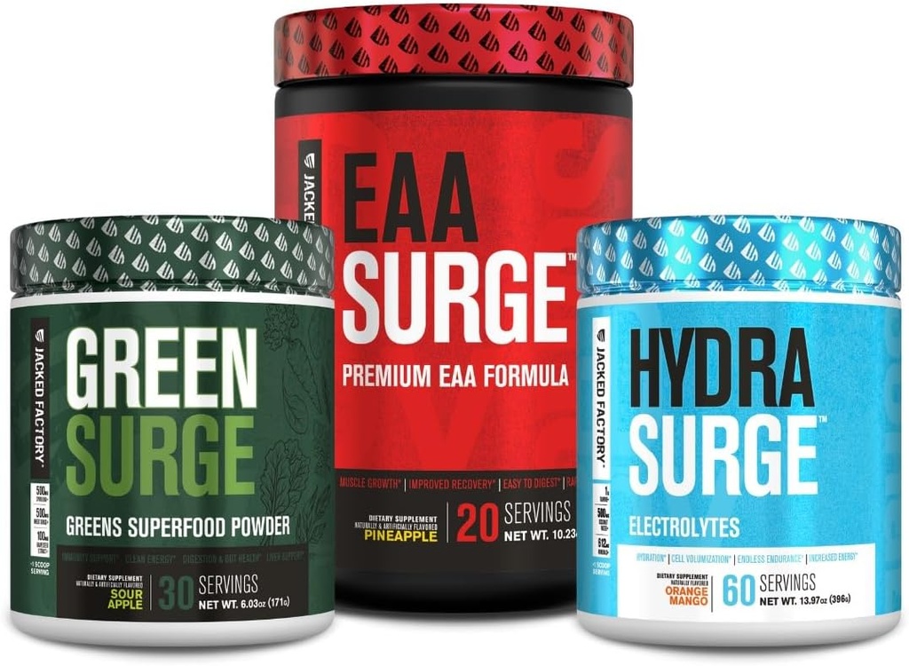 Jacked Factory Green Surge Green Superfood Powder, Hydrasurge Electrolyte Hydration Dodatek, EAA Surge EAA dodatek