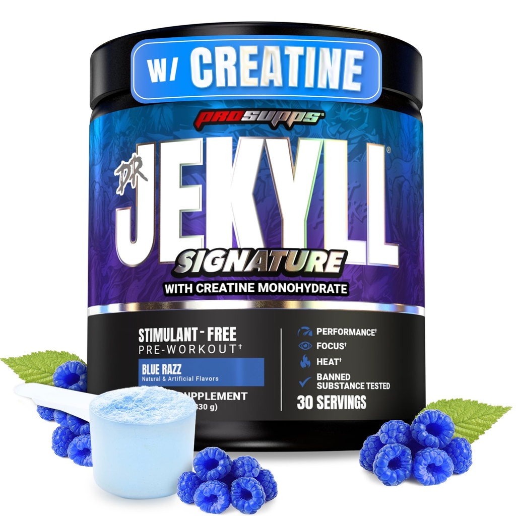 PROFUPS Dr. Jekyll Podpis Pre Workout Prášek s Creatine - Stim- Free Prework Podporuje Focus & Endurance - Caffeine- Free Gym & Fitness doplňky (Blueberry Lemonade, 30 Služeb)