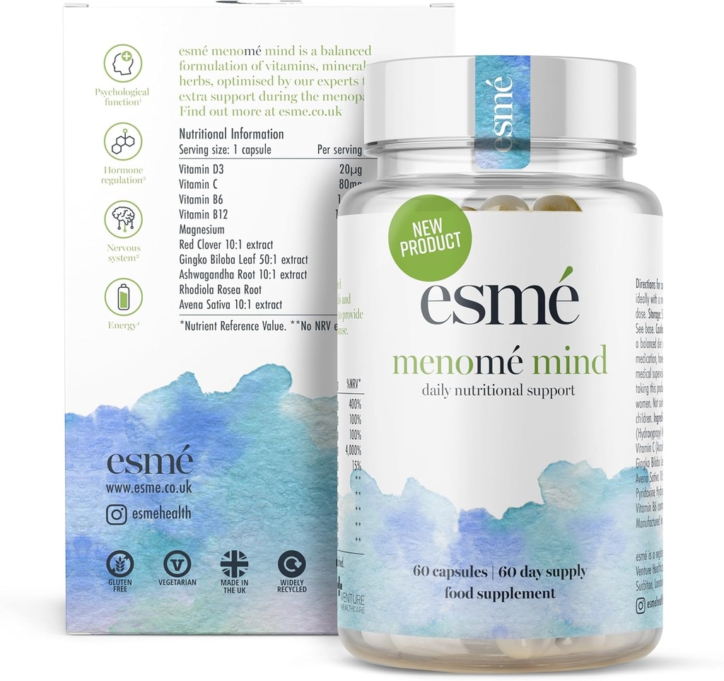 esmé menomé Mind - Denní nutriční podpora před, během a po menopauze - Dva měsíce Dodávka 60 Kapsle, Contain ashwagandha a Gingko biloba