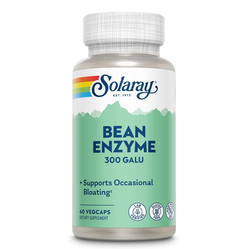 SOLARAY Bean Enzyme 300 GalU - Alpha Galaktosidáza Digestivní Enzymy pro ženy a muže - Digestivní doplněk zdraví - Podporuje příležitostné nadýmání a úlevu od plynu pro dospělé - 60 Služeb, 60 VegCaps