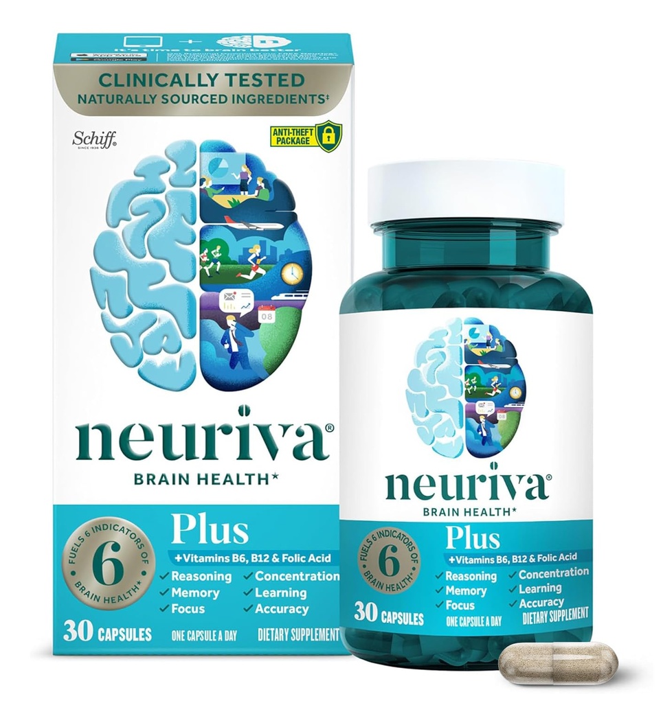 NEURIVA Plus doplněk mozku pro paměť, zaměření a koncentraci + kognitivní funkce s klinicky testované nootropické fosfatidylserin a neurofaktor, vitaminy B6 & B12, 30 Počet kapslí