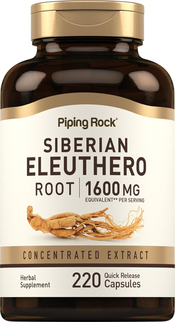 Piping Rock Siberian Eleuthero Root Capsules 1600mg PHARMAR 124; 220 Count PHARMAR 124; Koncentrovaný bylinný extrakt PHARMAL 124; Non- GMO, gluten zdarma dodatek