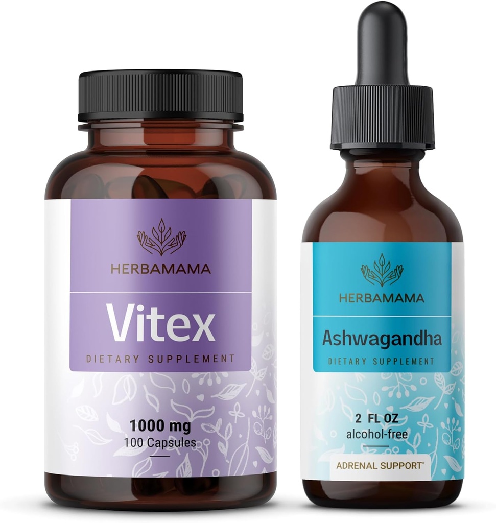 HERBAMAMA Vitex and Ashwagandha Kit - Bundle of 1000 mg Vitex Chasteberry Capsules & Ashwagandha Liquid Drops 2 fl oz - Vegan, Non- GMO, Sugar & Alcohol- Free - 2 Pack