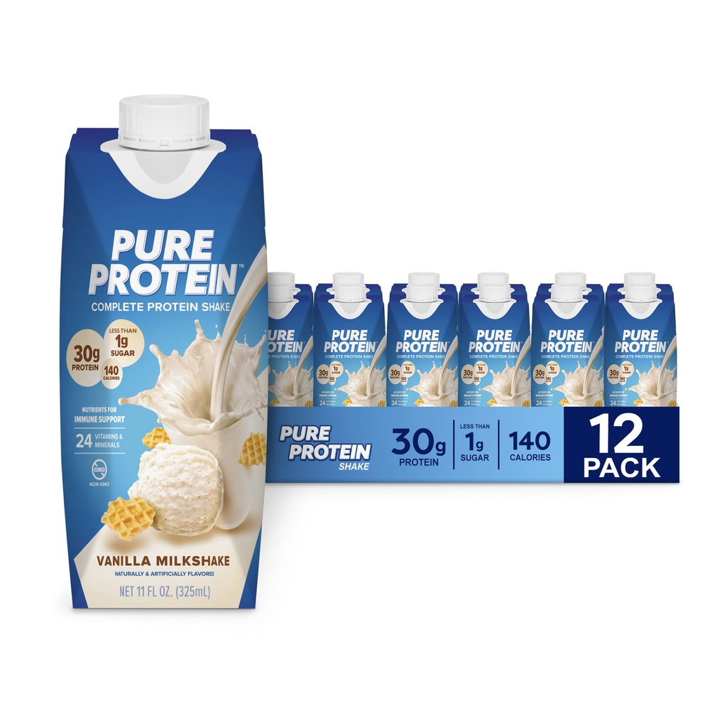 Čistý protein Vanilla Protein Shake, 30g Kompletní protein, Vitaminy A, C, D, a E plus zinek na podporu imunitního zdraví, připraven k pití a Keto- Friendly, 11oz Lahvičky, 12 Pack