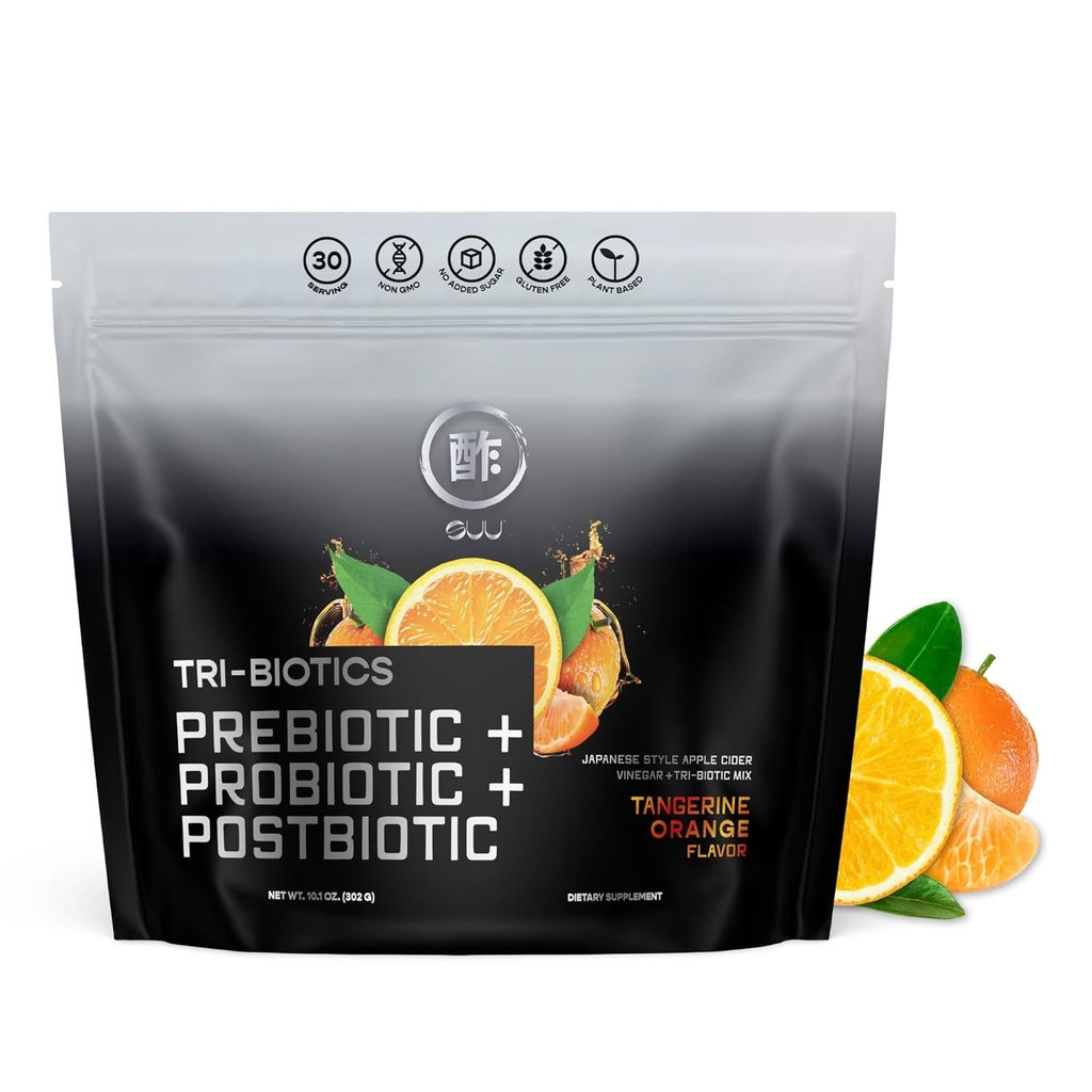 SUU Tribiotics Gut Health Drink for men & Women- Japanee- Style ACV with Prebiotics, Probiotics & Postbiotics- Imunitation Defense, Steady Focus, Digestive Support & Mood Booster- Tangerine Flavor, 30 Servings