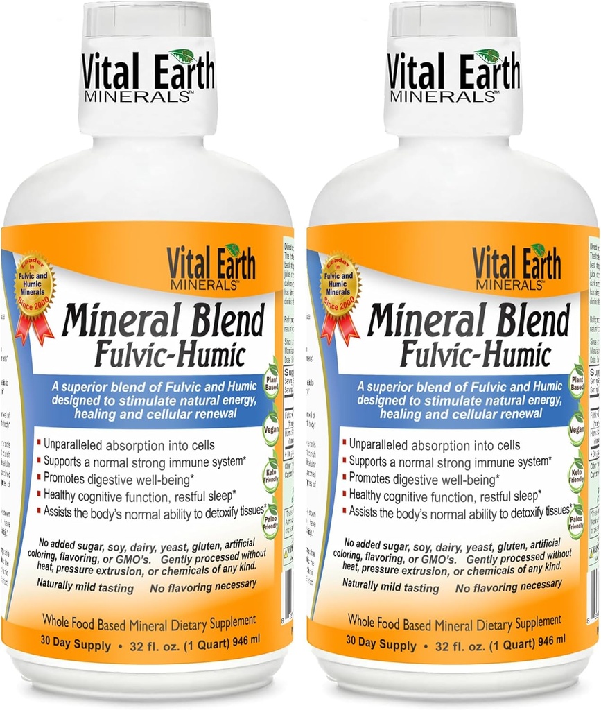 Vital Earth Minerály Fulvic Humic Mineral Blend Liquid 2-Pack - Fulvic Acid dodatek s 70 + Stopy Minerály, Elektrolyty pro obnovu, Balance & Energy, 32 Oz Ea + 1 Oz Cup Ea