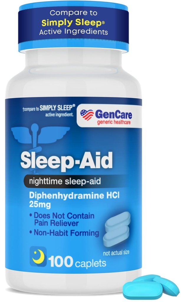 GenCare - Sleep Aid Diphenhydramine HCL 25mg Blue Caps (100 Caplet) - Non Habit Forming Nighttime Sleeping pilulky pro dospělé, aby spadly do spánku rychleji a spát hlouběji přes noc - Spánkové pomůcky