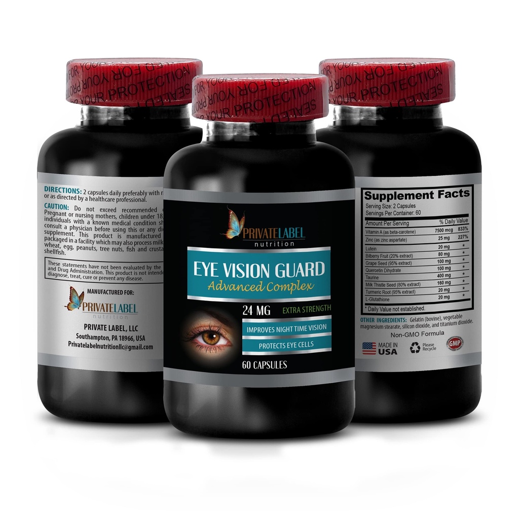 Vision Vitamíny s Lutein - Oční Vision Guard 24 MG - Pokročilý komplex, Oční Vize Podpora, Lutein doplňky, Vitamin A dodatek, Kurkuma extrakt, Bilberry extrakt, Taurin, 1 Bot 60 Kapsle