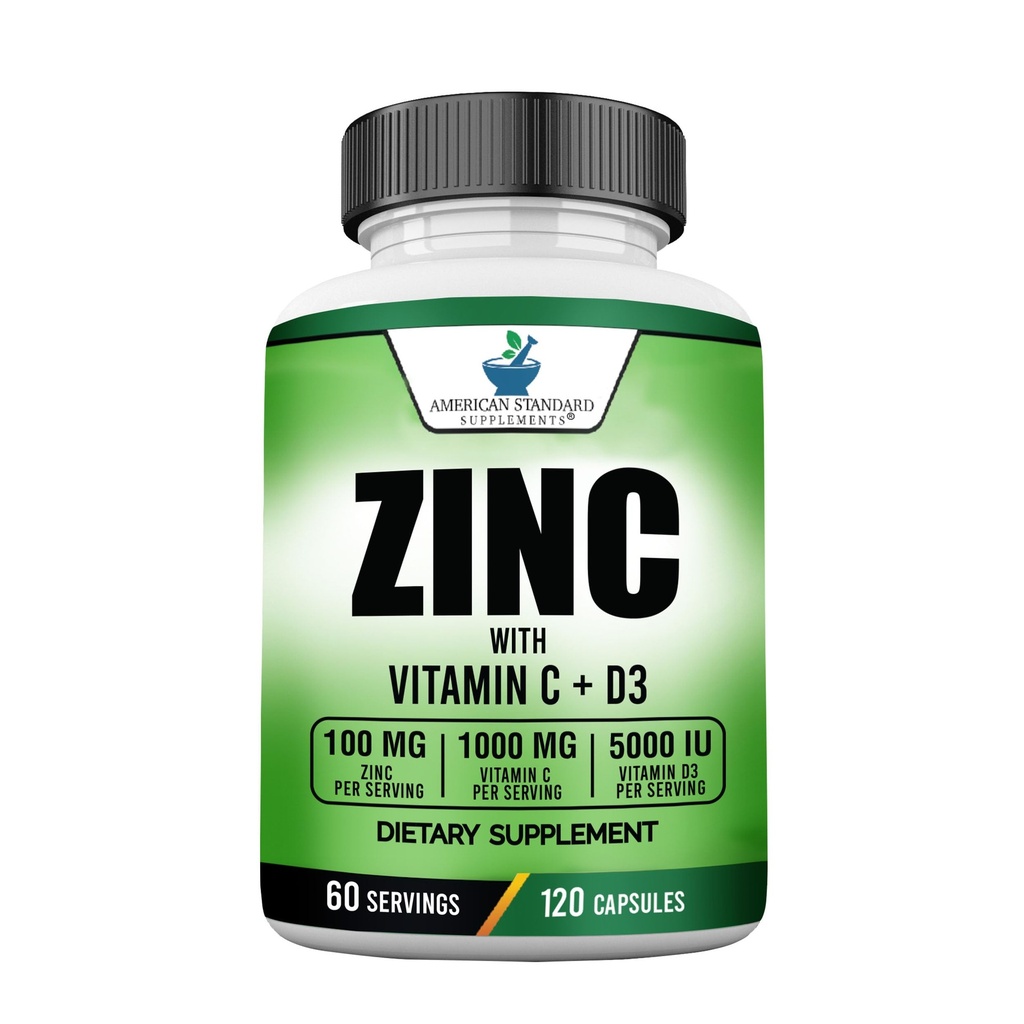 Americké standardní doplňky Zinek 100mg, Vitamin C 1000mg, a Vitamin D3 5000 IU (125mcg) Per Serving - Gluten Free, Non- GMO, 120 Kapsle, 60 Podání