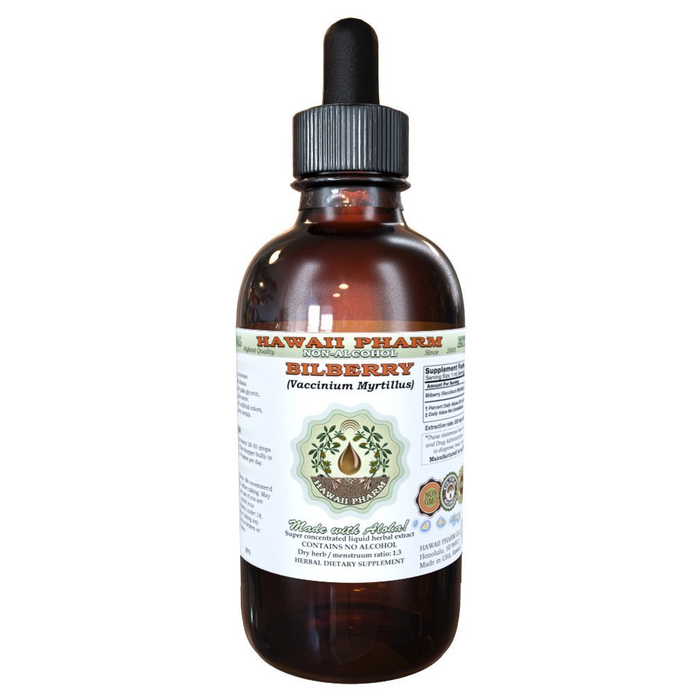 Bilberry Alcohol- Free Liquid Extract, Organic Bilberry (Vaccinium myrtillus) Sušený Leaf Glycerite Hawaii Pharm Natural Herbal Dodatek 2 oz