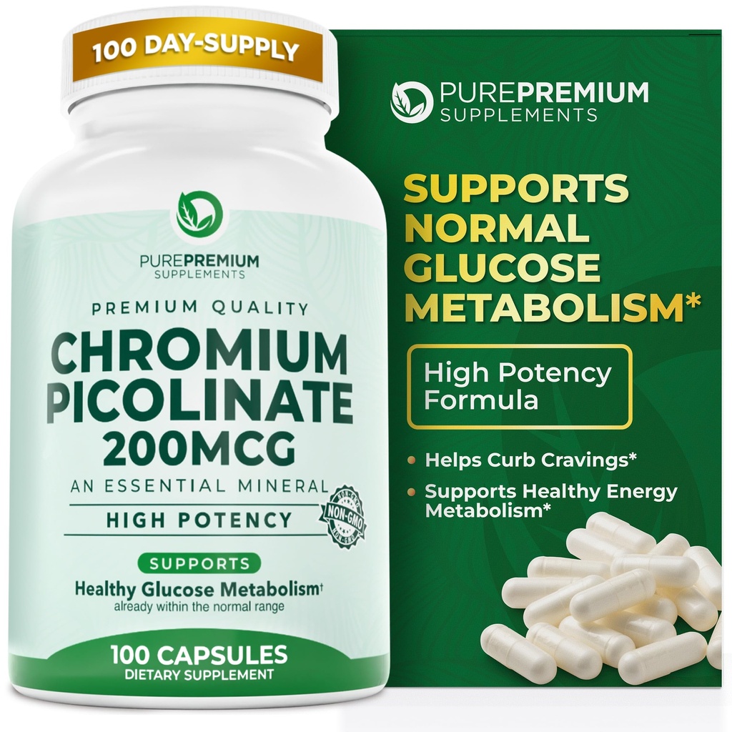 Pikolinát chromu PurePremium 200mcg - Doplňky chromu s vysokou potencí - Základní minerální zdravotní podpora pro muže / ženy - Bezlepkové - 3 měsíce Dodávka - 100 Kapsle