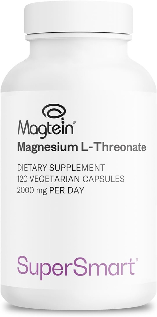 Supersmart - Magnesium L- Threonát 2000mg denně (Magtein) - Patentovaný a vysoce biologicky dostupný magnesium- Threonát - Paměť, Brain Health & Attention Activity 124; Non- GMO & Gluten Free - 120 Vegetariánských kapslí