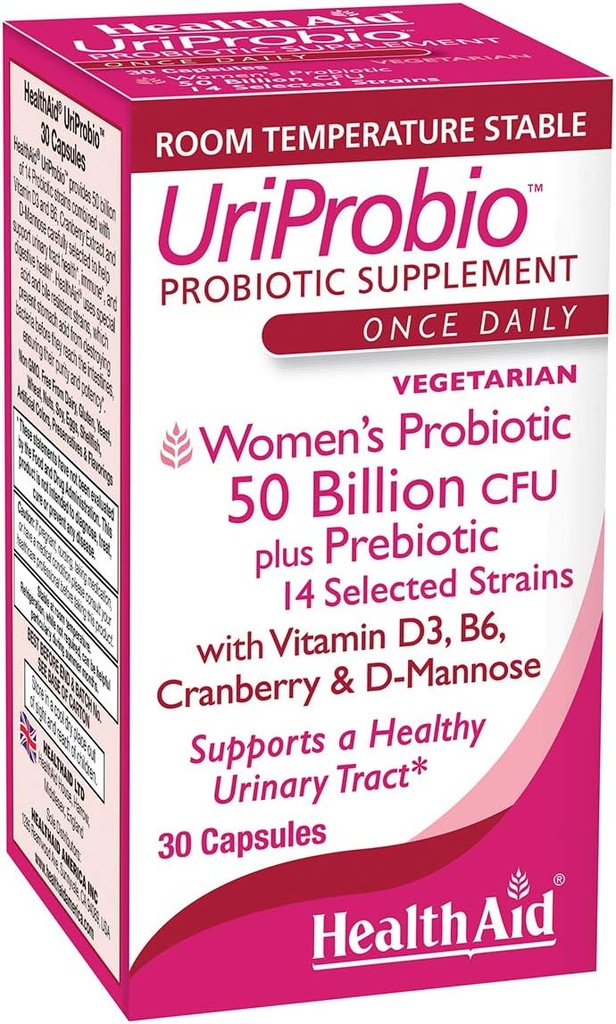 HealthAid UriProbio - 50 miliard CFU Ženské probiotika s Prebiotic, Cranberry, D- Mannose, Vitamin D {\ cHFFFFFF & B} 124; Podporuje močení Tract & Digestive Wellness, Acid & Bile Resistant, Vegan