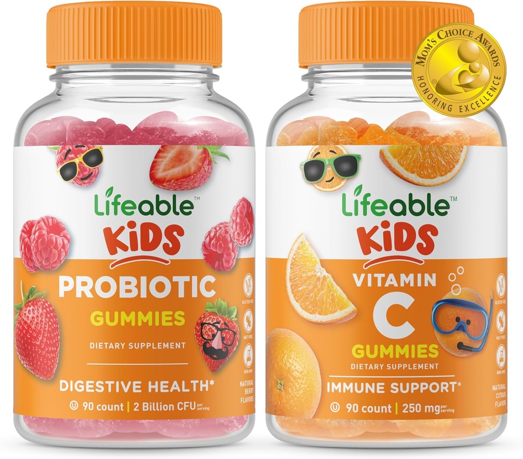 Lifeable Probiotic 2 miliardy CFU děti + Vitamin C děti, Gummies Bundle - Velký Ochutnávka, Vitamin dodatek, gluten zdarma, GMO zdarma, Žvýkací žlab