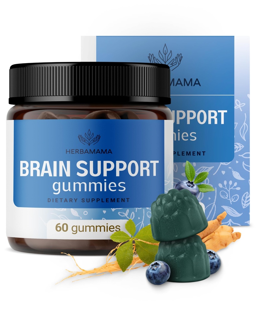 HERBAMAMA Brain Support Gummies - Mozek Focus doplňky pro dospělé s Ashwagandha, Bacopa Monnieri, Vitamin C & B12 - Vegan, Non- GMO Calming Gummies - 60 Pectin- based Blueberry- ochucené Chews