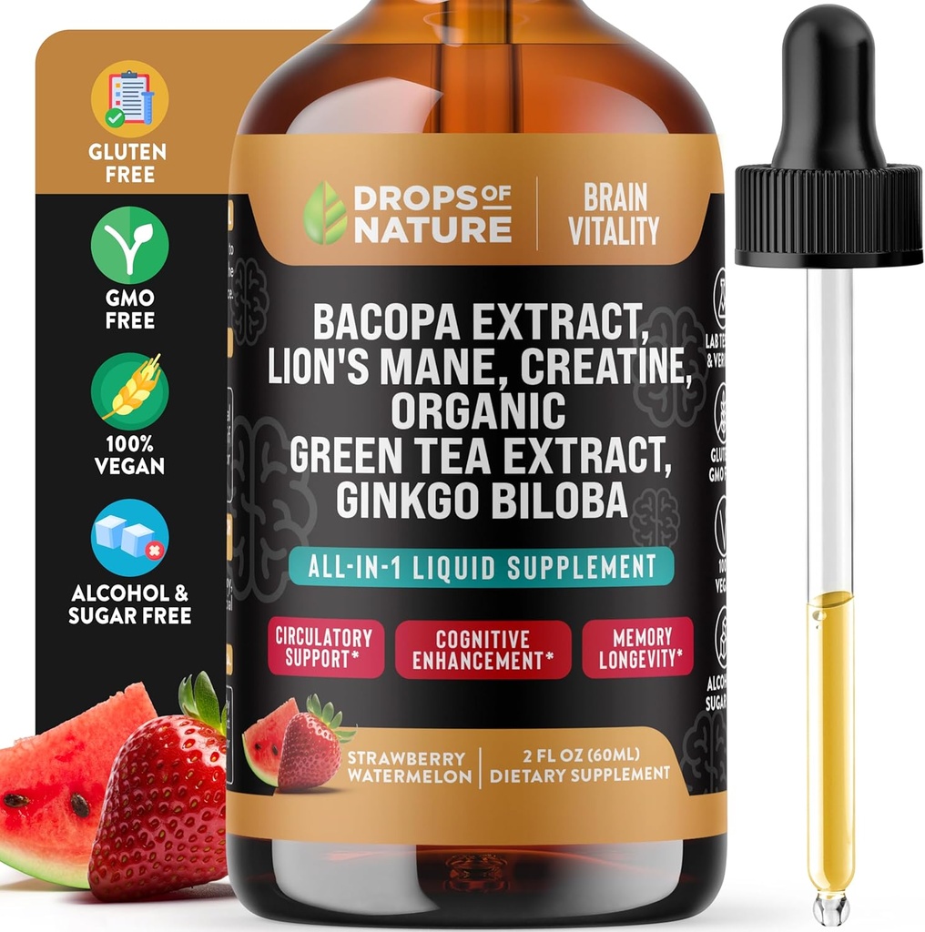 Kreatine & Bacopa Liquid Drops with Lion 's Mane, Green Tea & Ginkgo Biloba - Rychlejší absorpční směs než Gummies & Pills - Veganský dodatek pro zvýšený focus & Cognition (Jahodový meloun, 60ml)