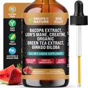 Kreatine & Bacopa Liquid Drops with Lion 's Mane, Green Tea & Ginkgo Biloba - Rychlejší absorpční směs než Gummies & Pills - Veganský dodatek pro zvýšený focus & Cognition (Jahodový meloun, 60ml)