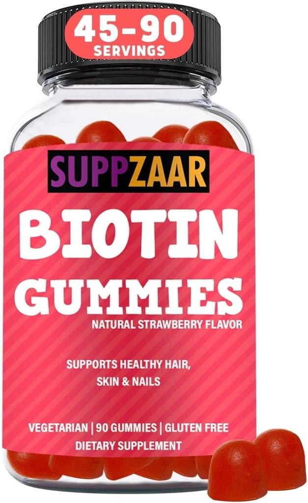 Veganské Biotinové žvýkačky - Vitamíny pro růst vlasů pro ženy a muže - Vlasové kůže a nehty Vitamíny - Jahodové Flavor Gummy Vitamíny - Non- GMO, Želatina & Gluten- Free, 90 Gummie - SUPPZAAR
