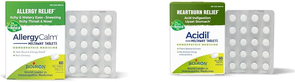 Boiron Alergics and Acid Reflux Relief Bundle with AllergyCalm Tablets (60 Count) and Acidil for Acid Reflux and Indigestion (60 Count)