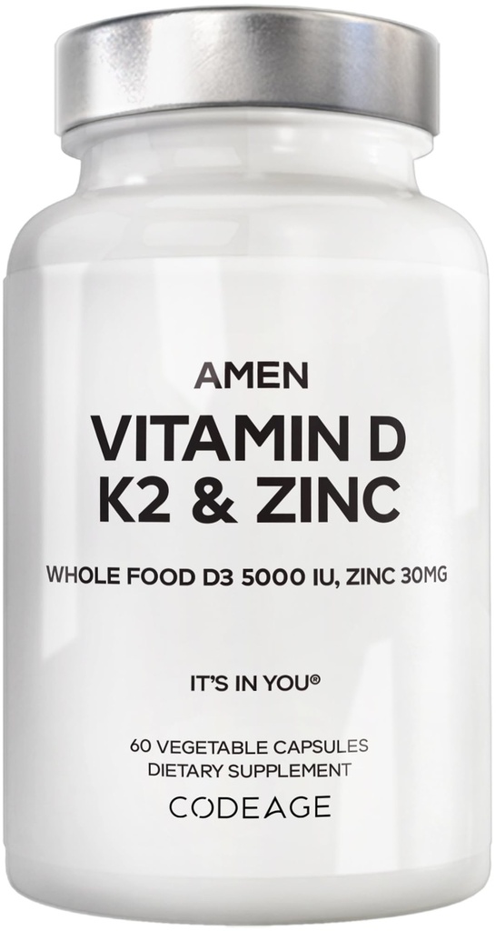 Amen Vitamin D, K2 & Zinek, Cholekalciferol D3 5000 IU, Organic All Food Blend with Apple, Blueberry, Cranberry, Elderberry Powder Fruits, Vegan Supplement, D3 K2 Vitaminy, Non- GMO - 60 Kapsle