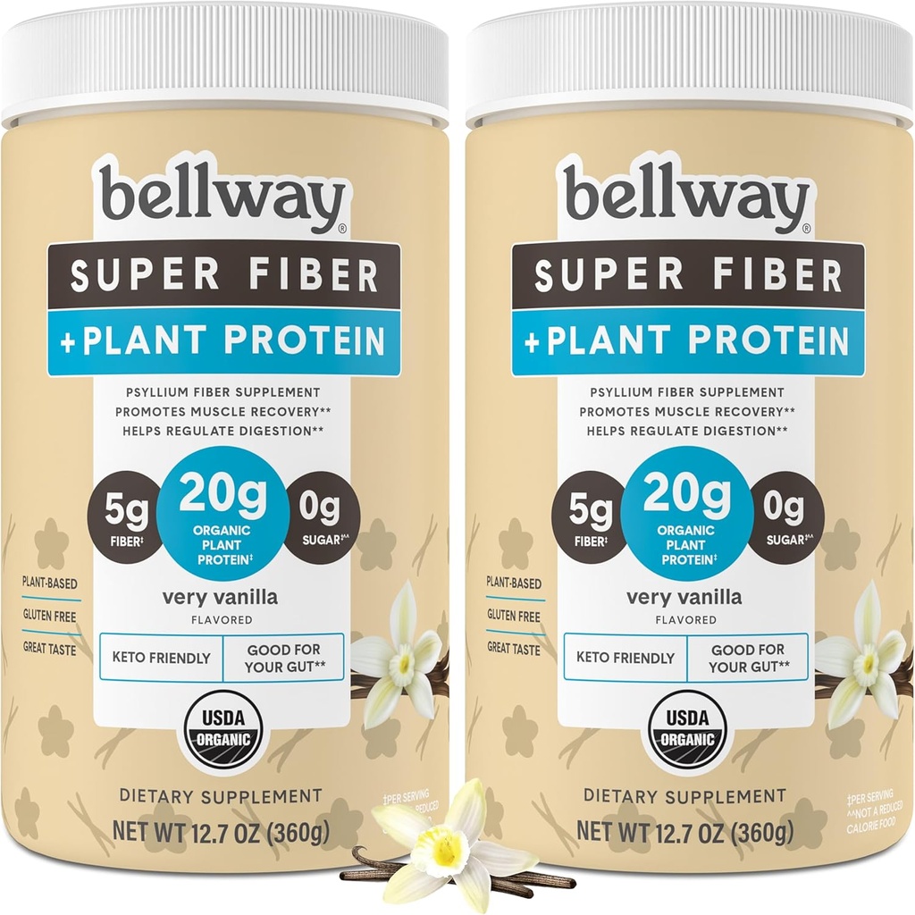 Bellway Super Fiber + Protein Powder (2 Pack), Sugar- Free Organic Psyllium Husk Fiber Supplement Powder with 20g Plant Protein Per Serving, Very Vanilla, 24.14 oz
