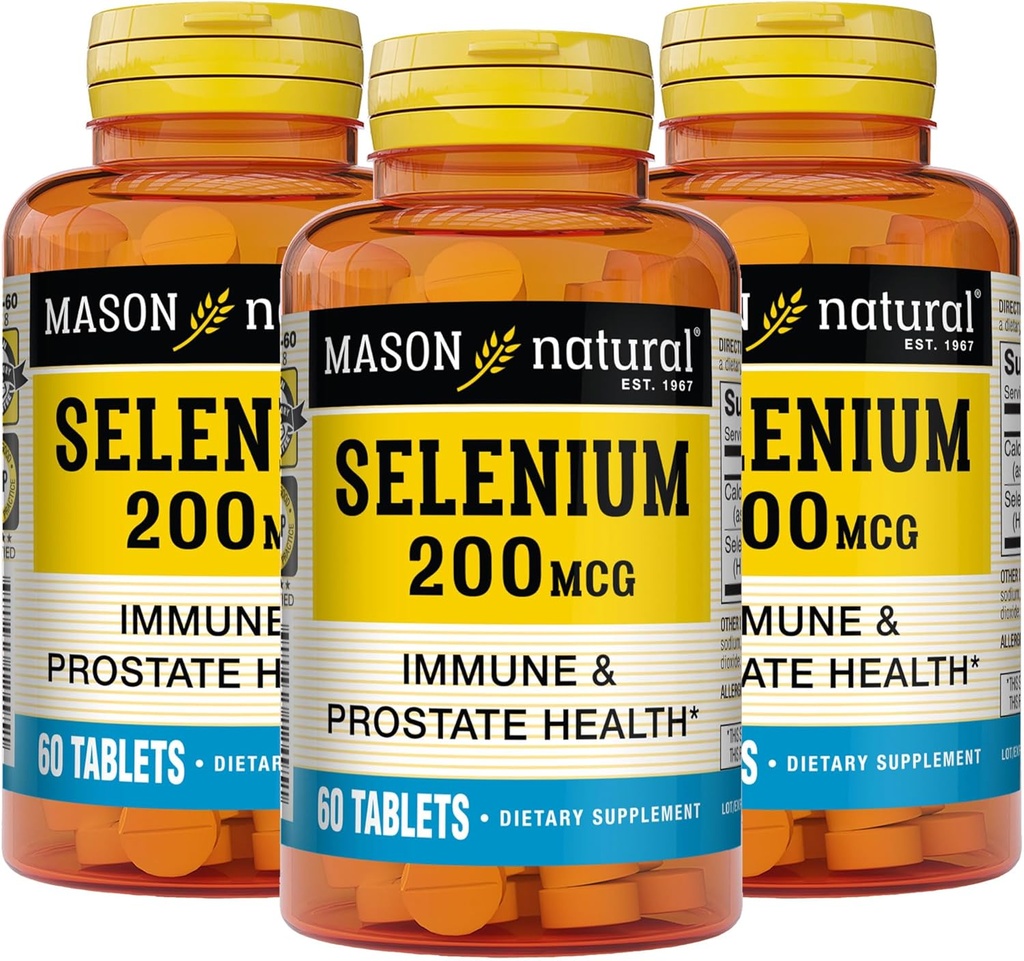 MASON NATURAL Selen 200 mcg - Antioxidant dodatek pro imunitní podporu a zdraví prostaty, esenciální stopová minerál, 60 tablet (balení po 3)