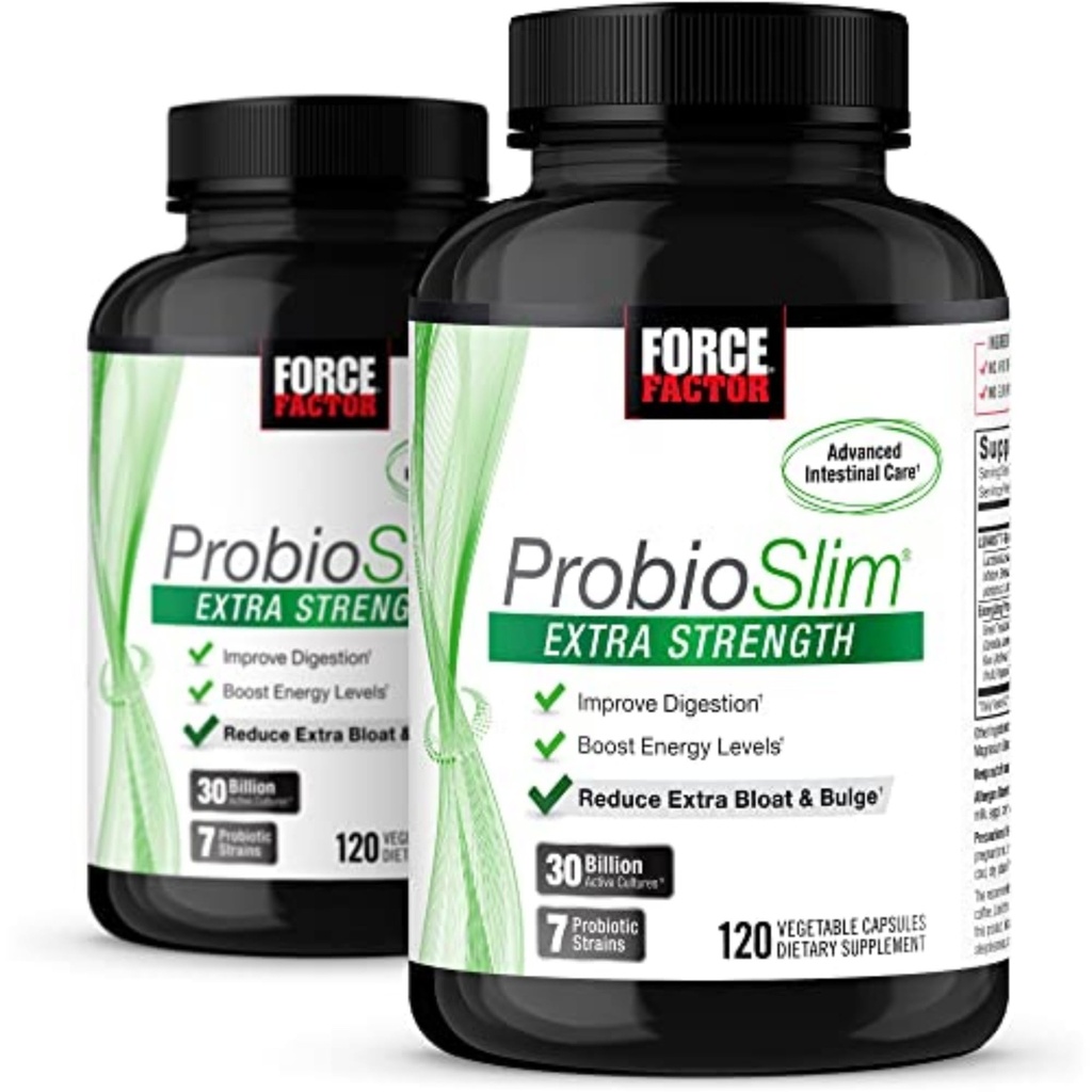 Force faktor ProbioSlim Extra Strength, Probiotický dodatek pro ženy a muže s 30 bilionů CFU a zelený čaj extrakt pro Gut podporu zdraví, nadýmání a úlevu od plynu, 120 Počet (balení po 2)