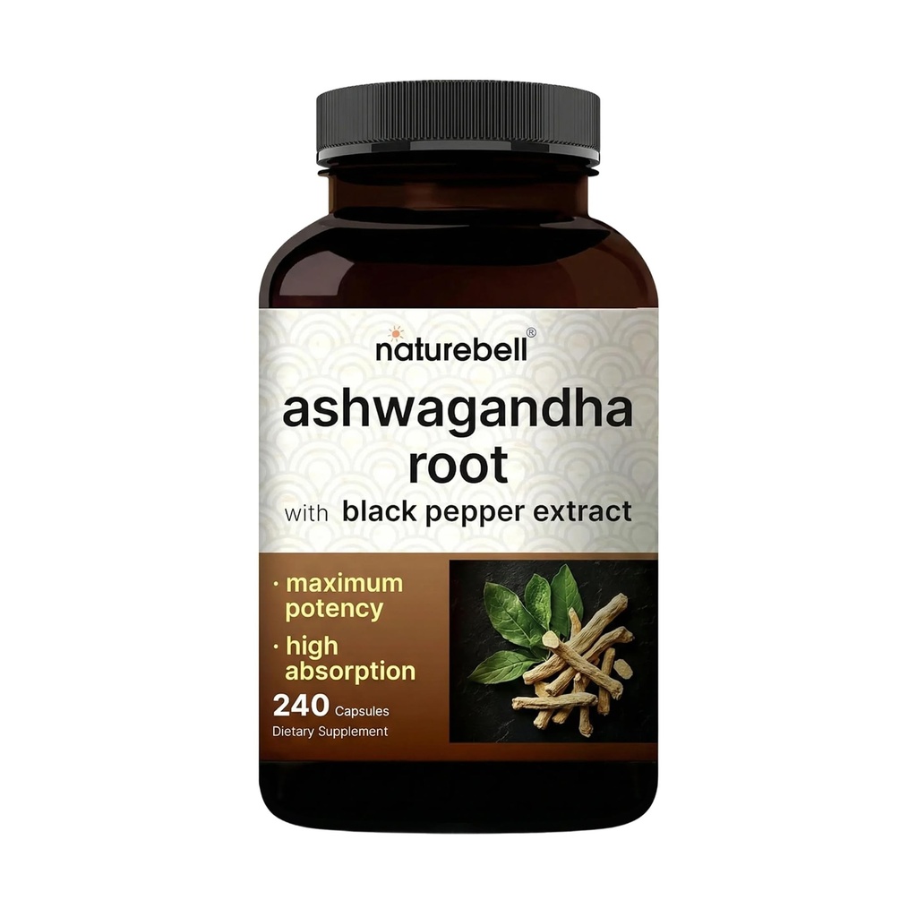NatureBell Ashwagandha s Black Pepper, 240 Kapsle CARL 124; High Absorption Complex - Extra Strength Root Extract - Adaptogeny doplňky pro relaxaci - Non- GMO