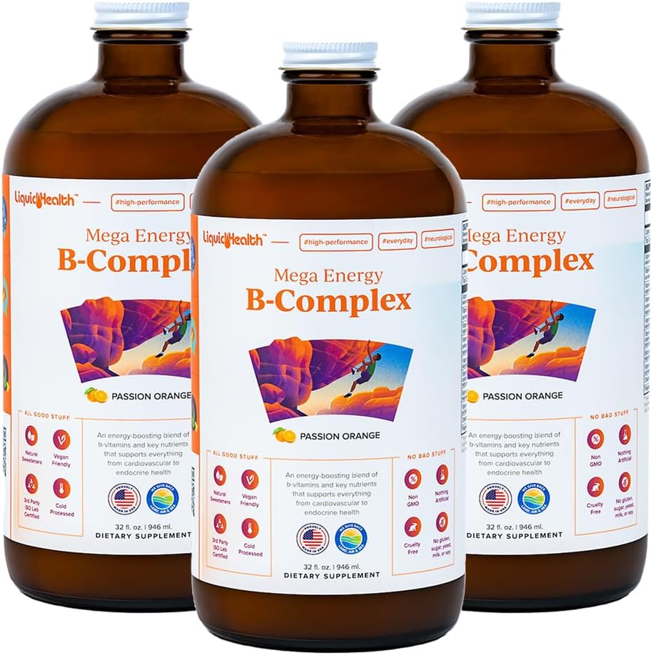 LIQUIDHELTH Mega Energy Methylovaný B-Complex, Doplněk pro tekutý vitamin - Zvýšení energie, Relieve Stress & Únava, Imunitní podpora, Srdce & Gut Zdraví - Vyrobeno v USA, Vegan, Sugar- zdarma (3 Pack)