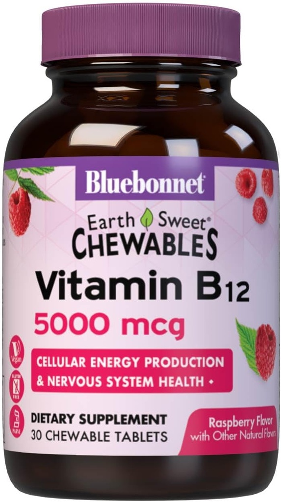Bluebonnet Nutrition Earth Sweet Vitamin B12 5000 mcg Žvýkací tablety, Soy-Free, Gluten-Free, Kosher Certified, Dairy-Free, Vegan, Malina ochucené, 30 Žvýkací tablety, 30 Služeb