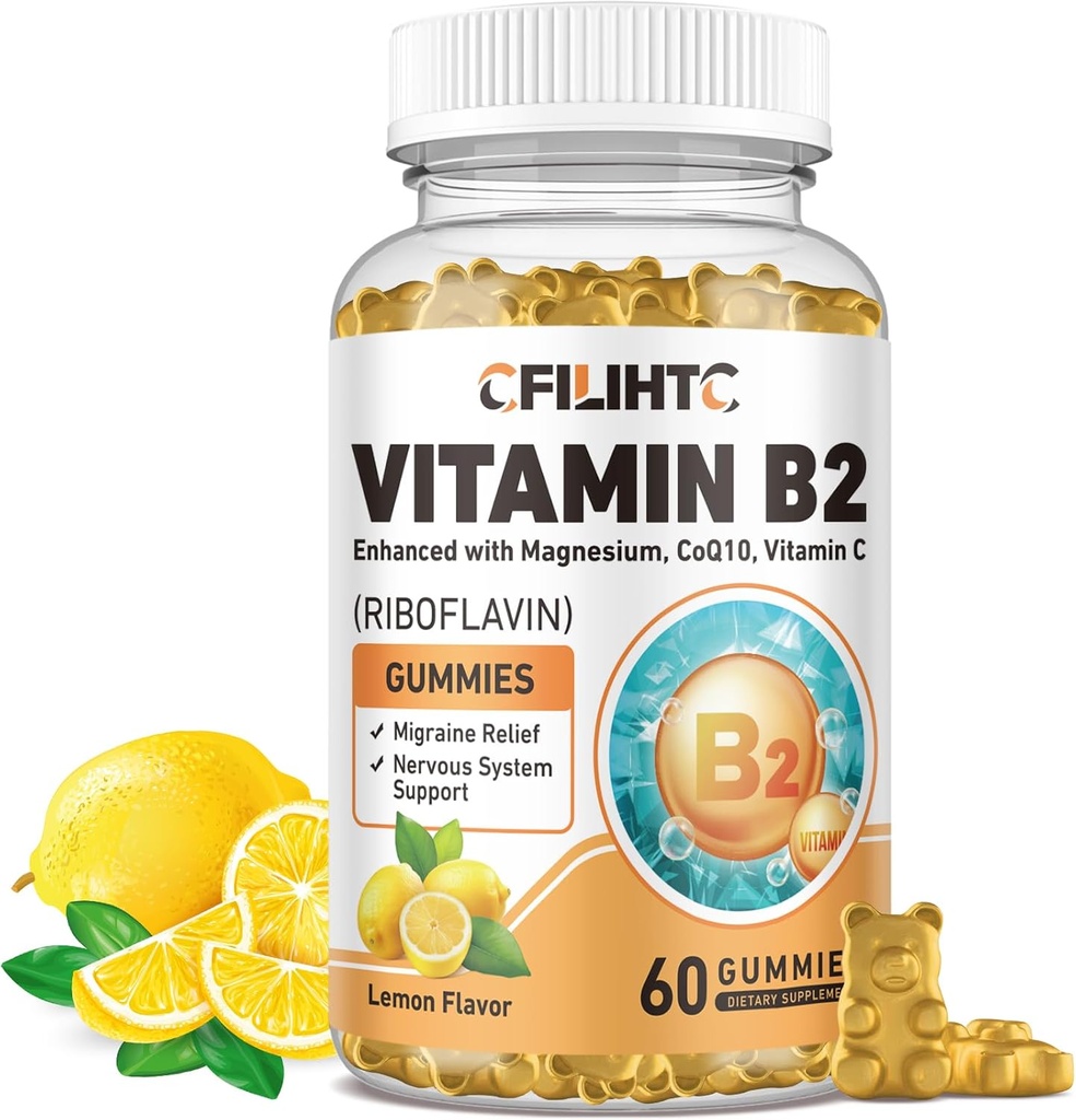 Vitamin B2 Gummies Riboflavin 400mg dodatek pro děti a dospělé - Glycinát hořčíku, zinek, CoQ10, Vitamin B12 - Migréna Relief & Energy, Podpora nervového systému, Cukr zdarma Lemon Flavor, 60ct