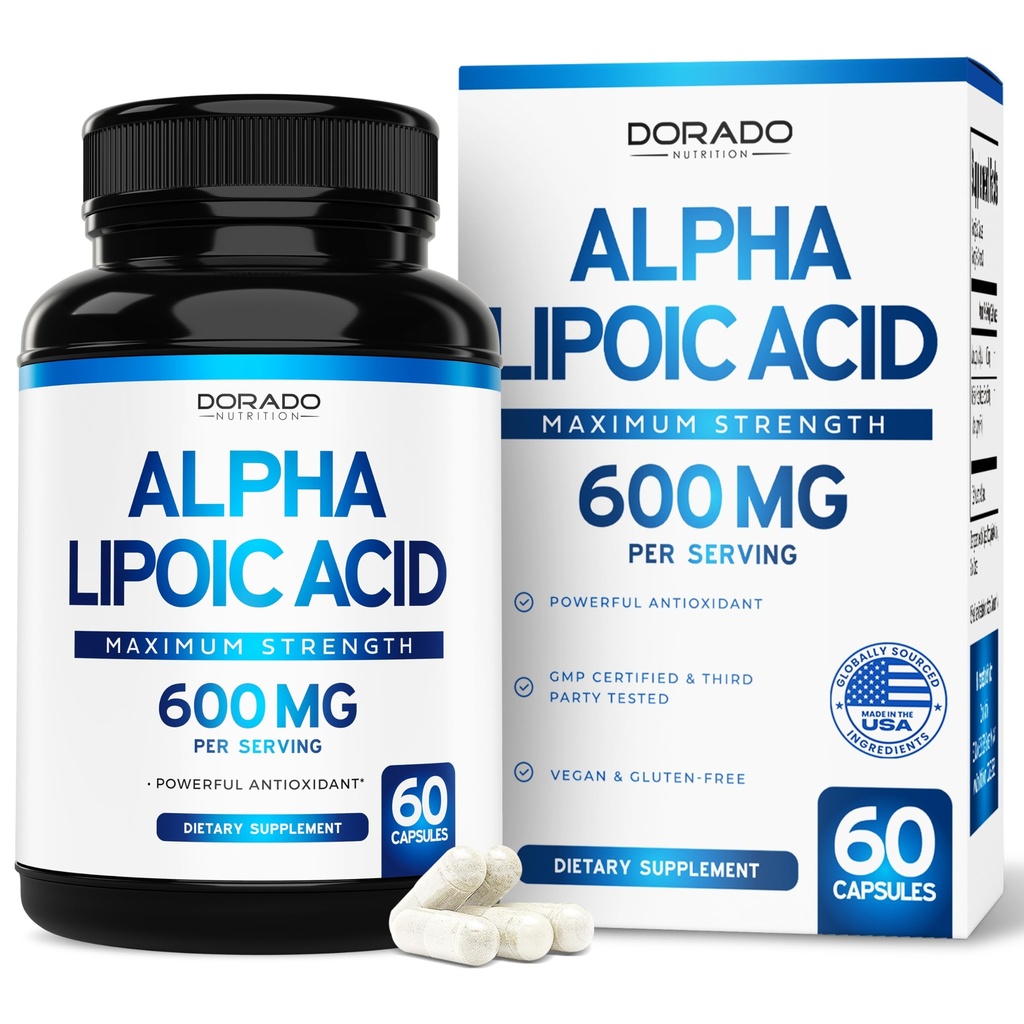 Alpha Lipoic Acid 600mg na servírování 60 kapslí - Možný antioxidant pro neuropatii a kardiovaskulární zdraví (ALA dodatek) - Třetí strana Testováno, Non- GMO, gluten zdarma, Vegan & USA Made