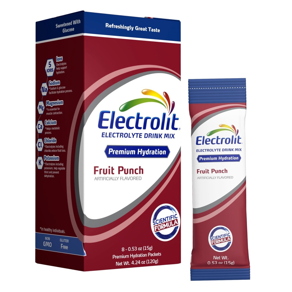 Electrolit Electrolytes Powder Packets, Ovoce Punch 8 Pack, Práškové Hydratační balíčky pro dehydrataci a rehydrataci, Post Workout Ochucené Hydratační nápoj Mix, gluten Free Daily Water Enhancer Sticks